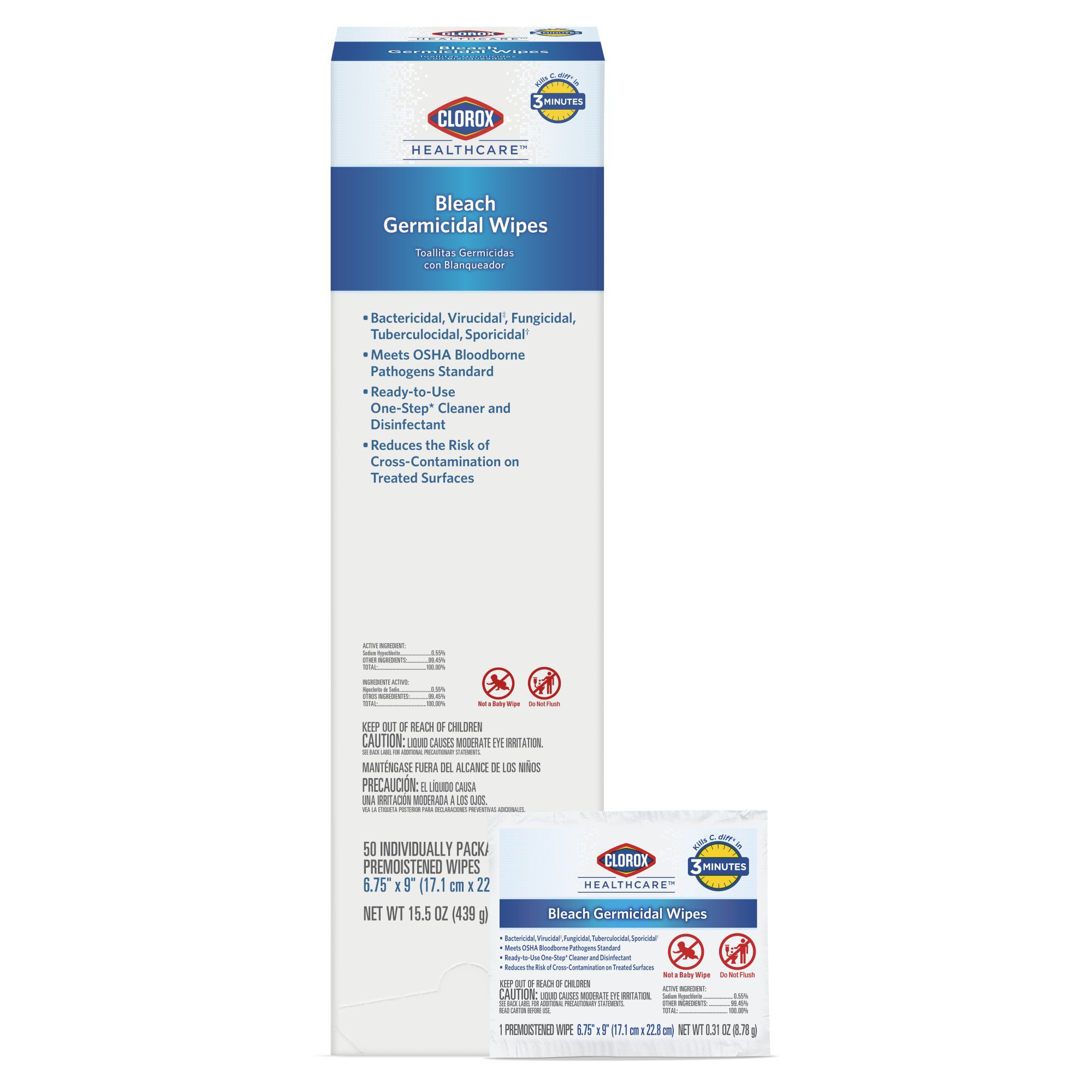 The Clorox Company 31424 - Clorox Healthcare® Bleach Germicidal Wipes, Individual Packets, 50 ct. - 1/Each, 50/Carton, 300/Case