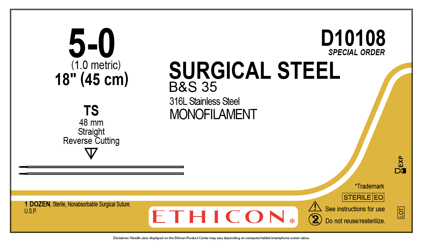J&J Healthcare Systems D10108 - Ethicon 5-0 Steel Suture - 12/Box