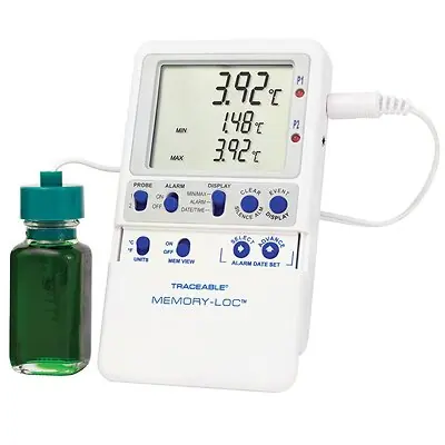 Cole-Parmer-Antylia Scientific - 94460-37 Datalogging Refrigerator / Freezer Thermometer with Alarm Traceable® Memory-Loc™ Fahrenheit / Celsius -58° to +158°F (-50° to +70°C) Glycol Bottle Probe Multiple Mounting Options Battery Operated