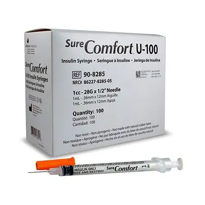 Allison Medical Inc - 90-8285 Standard Insulin Syringe with Needle Surecomfort® 1 mL 1/2 Inch 28 Gauge NonSafety Regular Wall