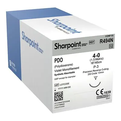 Surgical Specialties - R494N Absorbable Suture with Needle Sharpoint® Polydioxanone P-3 3/8 Circle Precision Reverse Cutting Needle Size 4-0 Monofilament