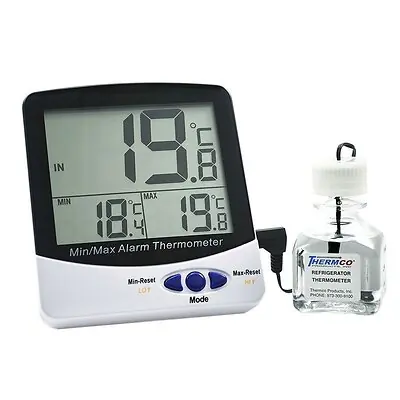 Thermco Products Inc - ACC895AMB Digital Thermometer with Alarm Fahrenheit / Celsius -58° to +158°F (-50° to +70°C) Bottle Probe Flip-out Stand / Wall Mount Battery Operated
