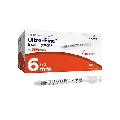 embecta Medical II LLC - 324911 Standard Insulin Syringe with Needle Veo™ Ultra-Fine™ 0.5 mL 15/64 Inch 31 Gauge NonSafety Regular Wall