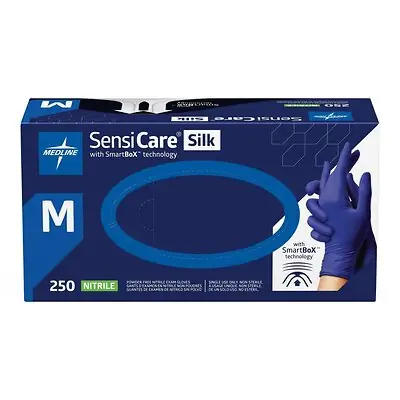 Medline - MDSXB7585 Exam Glove SensiCare® Silk Medium 250 per Box NonSterile Nitrile Standard Cuff Length Textured Fingertips Dark Blue Chemo Tested