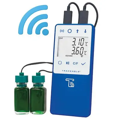 Cole-Parmer-Antylia Scientific - 99460-00 Datalogging Refrigerator / Freezer Thermometer with Alarm TraceableLIVE® Fahrenheit / Celsius -58° to +140°F (-50° to +60°C) 2 Glycol Bottle Probes Multiple Mounting Options Battery Operated