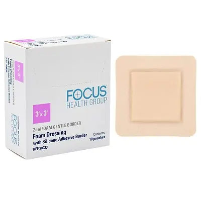 Focus Health Group - 30033 Foam Dressing ZeniFOAM Gentle Border 3 X 3 Inch With Border Waterproof Backing Silicone Face and Border Square Sterile