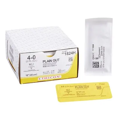 J & J Healthcare Systems - 1824H Absorbable Suture with Needle GUT PLAIN Plain Gut SC-1 Straight Reverse Cutting Needle Size 4-0 Monofilament