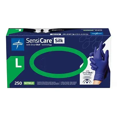 Medline - MDSXB7586 Exam Glove SensiCare® Silk Large 250 per Box NonSterile Nitrile Standard Cuff Length Textured Fingertips Dark Blue Chemo Tested