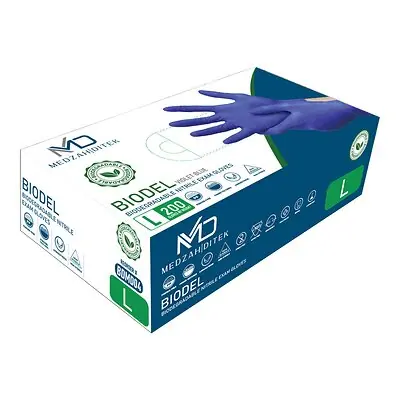 Medzah Industries - BDMD04 Exam Glove BIODEL Large 200 per Box NonSterile Nitrile Standard Cuff Length Textured Fingertips Violet Blue Chemo Tested / Fentanyl Tested