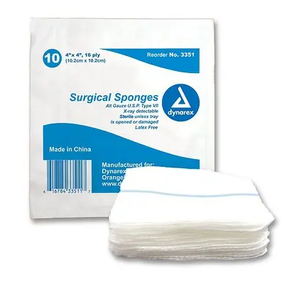 Dynarex - 3351 Gauze Sponge Dynarex® 4 X 4 Inch 16-Ply Sterile X-Ray Detectable 10 per Tray