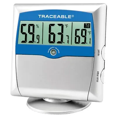 Cole-Parmer-Antylia Scientific - 37803-83 Digital Thermometer / Hygrometer with Alarm Traceable® Fahrenheit / Celsius 14° to 140°F (-10° to +60°C) Solid State Sensors Free-standing / Wall Mount Battery Operated
