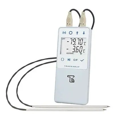 Cole-Parmer-Antylia Scientific - 18000-28 Ultra-Low Temperature Data Logger with Alarm TraceableLIVE® Fahrenheit / Celsius -130° to +221°F (-90° to +105°C) 2 Stainless Steel Probes Multiple Mounting Options Battery Operated