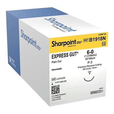 Surgical Specialties - B1918N Absorbable Suture with Needle Surgical Specialties™ Plain Gut P-3 3/8 Circle Precision Reverse Cutting Needle Size 6-0 Monofilament