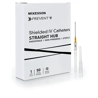 McKesson Brand - 380267 Peripheral IV Catheter McKesson Prevent® R 14 Gauge 1-3/4 Inch Straight Hub Non Blood Control Push Button Safety