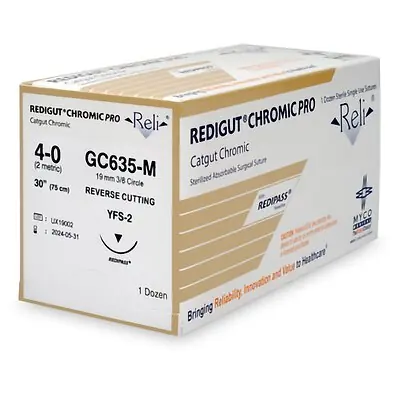 Myco Medical Supplies - GC635-M Absorbable Suture with Needle Reli® Chromic Gut MFFS-2 3/8 Circle Reverse Cutting Needle Size 4-0 Monofilament