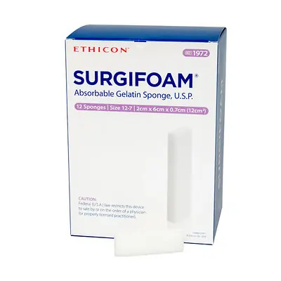 J & J Healthcare Systems - 1972 Absorbable Gelatin Sponge SURGIFOAM® 2 X 6 cm X 7mm 12 Count Sterile