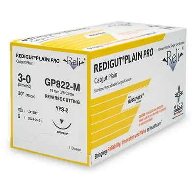 Myco Medical Supplies - GP822-M Absorbable Suture with Needle Reli® Plain Gut MFS-2 3/8 Circle Reverse Cutting Needle Size 3-0 Monofilament
