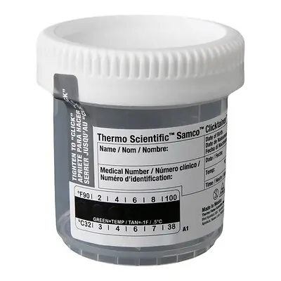 Thermo Scientific - 90WHT53-2001 Specimen Container with Temperature Strip Samco™ Clicktainer™ 53 mm Opening 90 mL (3 oz.) Screw Cap Patient Information NonSterile
