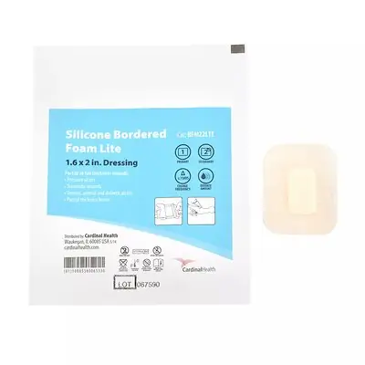 Cardinal - BFM22LTE Foam Dressing Cardinal Health™ Silicone Bordered Foam Lite 1-3/5 X 2 Inch With Border Film Backing Silicone Adhesive Rectangle Sterile