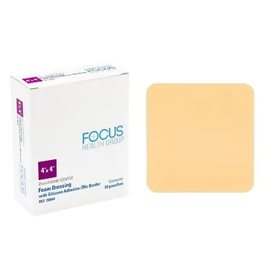 Focus Health Group - 20044 Foam Dressing Zenifoam Gentle 4 X 4 Inch Without Border Waterproof Backing Silicone Adhesive Square Sterile