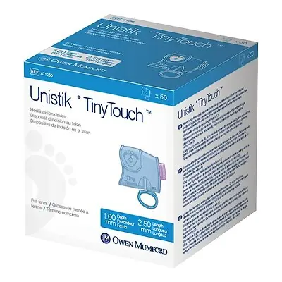 Owen Mumford - AT 1250 Pediatric Lancet Unistik Tiny Touch 2.5 mm Blade Retractable Push Button Activation Heel