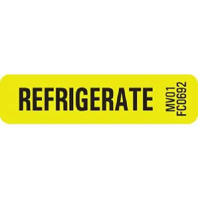 PDC Healthcare - MV01FC0692 Pre-Printed Label MedVision® Auxiliary Label Chartreuse Paper REFRIGERATE Black Temperature Control 5/16 X 1-1/4 Inch