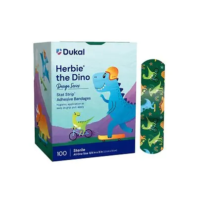 Dukal - 15601 American® White Cross Stat Strip® Kid Design Herbie the Dinosaur Adhesive Strip