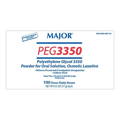 Major Pharmaceuticals - 00904693181 Polyethylene Glycol 3350 (PEG 3350) 17 Gram / Dose Powder for Solution 100 Packets