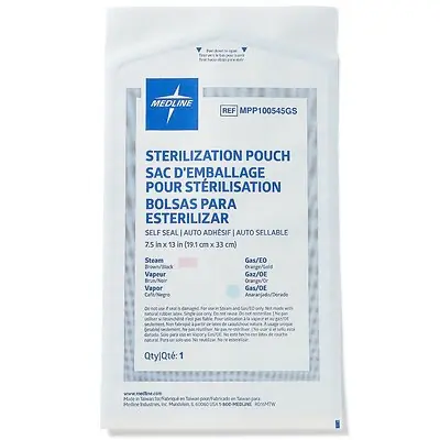 Medline - MPP100545GS Sterilization Pouch Medline Ethylene Oxide (EO) Gas / Steam 7-1/2 X 13 Inch White / Blue Self Seal Paper / Film