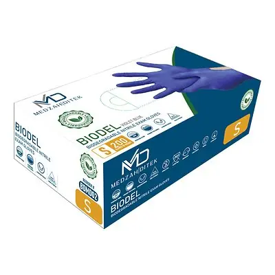 Medzah Industries - BDMD02 Exam Glove BIODEL Small 200 per Box NonSterile Nitrile Standard Cuff Length Textured Fingertips Violet Blue Chemo Tested / Fentanyl Tested