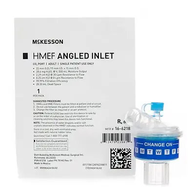 McKesson Brand - 16-6218 Heat and Moisture Exchanger with Filter McKesson 28.4 mg H2O / L @ VT 500 mL 2.29 cm H₂O @ 30 LPM Angled