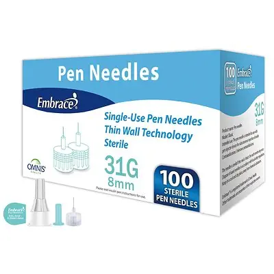 Omnis Health - SHN02MM31.08 Safety Insulin Pen Needle Embrace® 31 Gauge 8 mm Length Manual Safety