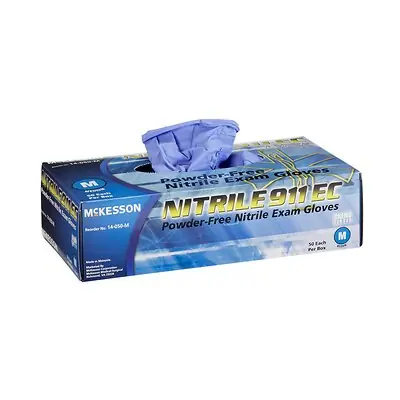 McKesson Brand 14-050-M - Exam Glove McKesson NITRILE 911™ EC Medium 50 per Box NonSterile Nitrile Extended Cuff Length Textured Fingertips Blue Chemo Tested - 50/Box, 500/Case
