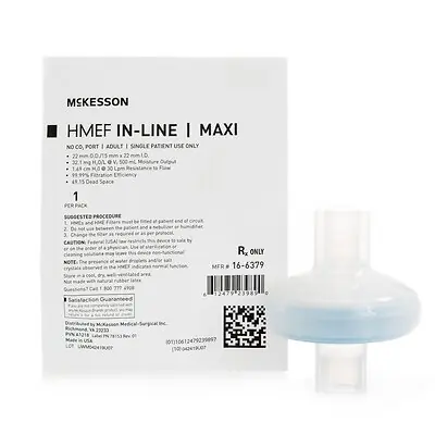 McKesson Brand - 16-6379 Heat and Moisture Exchanger with Filter McKesson 32.1 mg H₂O/L @ VT 500 mL 1.43 cm H₂O @ 30 LPM Straight