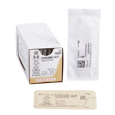 J & J Healthcare Systems - 792G Absorbable Suture with Needle GUT CHROMIC Chromic Gut G-3 3/8 Circle Reverse Cutting Needle Size 5-0 Monofilament