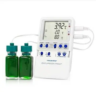 Cole-Parmer-Antylia Scientific - 94460-09 Datalogging Refrigerator / Freezer Thermometer with Alarm Traceable® Excursion-Trac™ Fahrenheit / Celsius -58° to +158°F (-50° to +70°C) 2 Glycol Bottle Probes Multiple Mounting Options Battery Operated