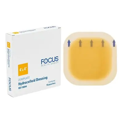 Focus Health Group - 50044 Hydrocolloid Dressing Zeniplast Waterproof Film Backing 4 X 4 Inch Square Hydrocolloid / Film