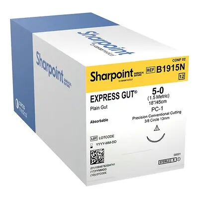 Surgical Specialties - B1915N Absorbable Suture with Needle Surgical Specialties™ Plain Gut PC-1 3/8 Circle Precision Conventional Cutting Needle Size 5-0 Monofilament