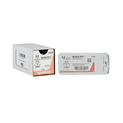 J & J Healthcare Systems - Y495G Absorbable Suture with Needle Monocryl™ Poliglecaprone PS-2 3/8 Circle Precision Reverse Cutting Needle Size 5-0 Monofilament