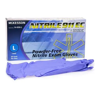 McKesson Brand 14-050-L - Exam Glove McKesson NITRILE 911™ EC Large 50 per Box NonSterile Nitrile Extended Cuff Length Textured Fingertips Blue Chemo Tested - 50/Box, 500/Case