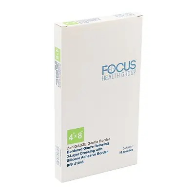 Focus Health Group - 41048 Composite Dressing ZeniGAUZE™ Gentle Border 4 X 8 Inch Rectangle Sterile Polyurethane Film Backing